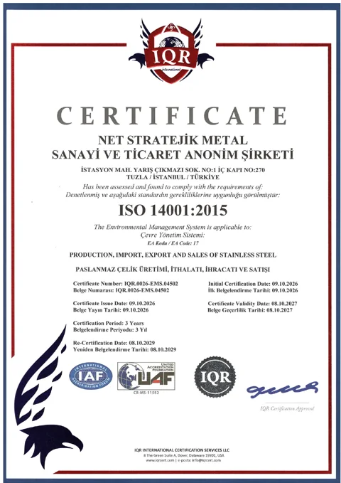 ISO 14001:2015 — NET Stratejik Metal