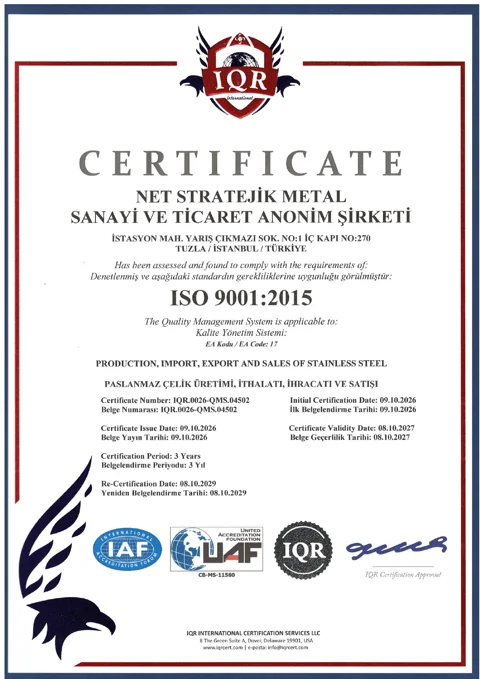 ISO 9001:2015 — NET Stratejik Metal